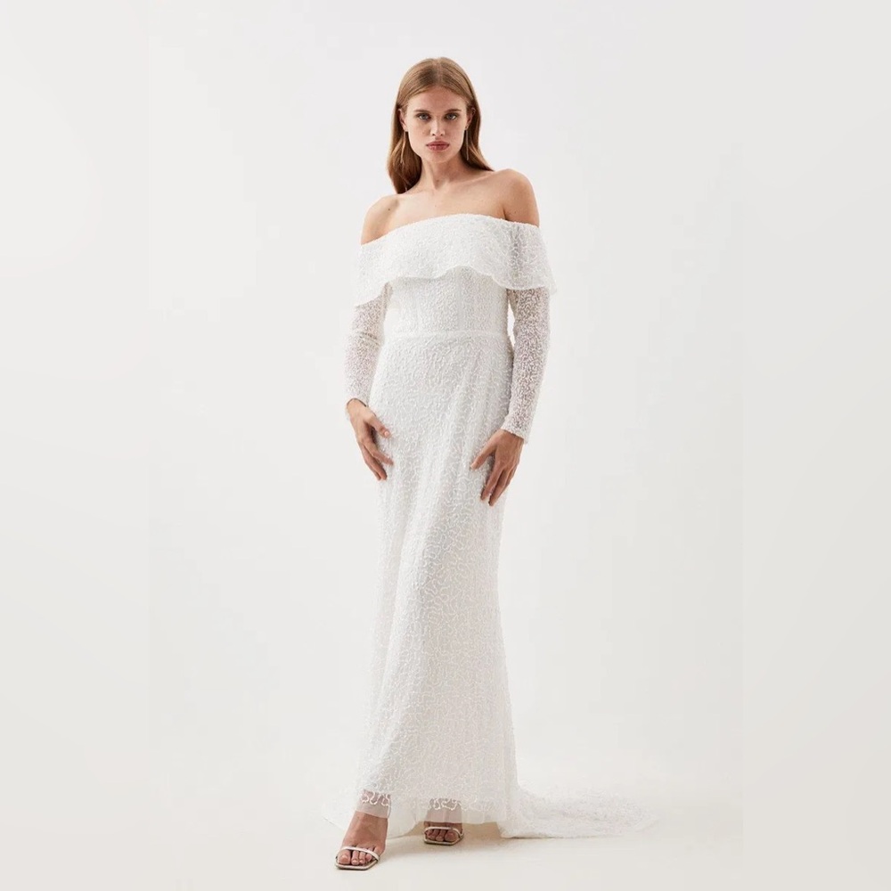 Karen Millen Elegant Off-Shoulder White Sequins Dress